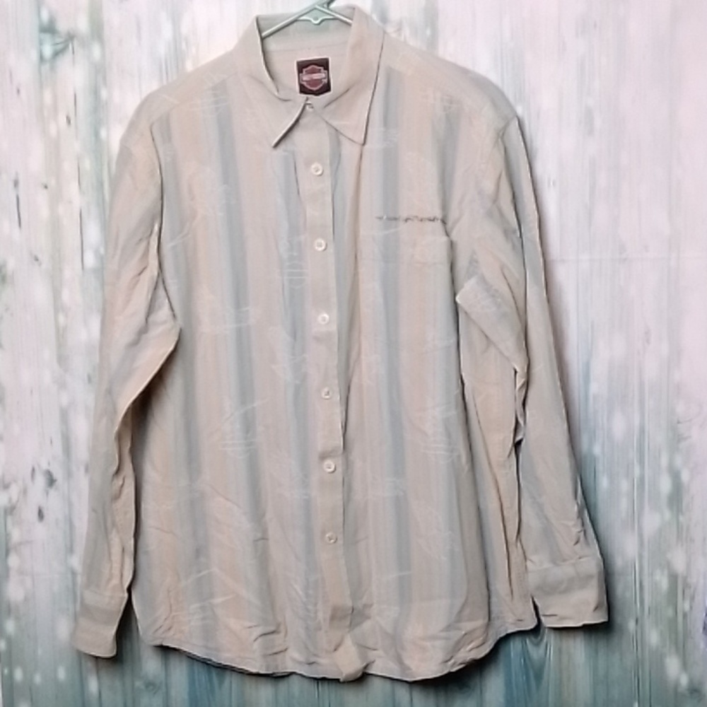 Harley-Davidson silk and cotton button down long sleeve shirt L light blue & grn